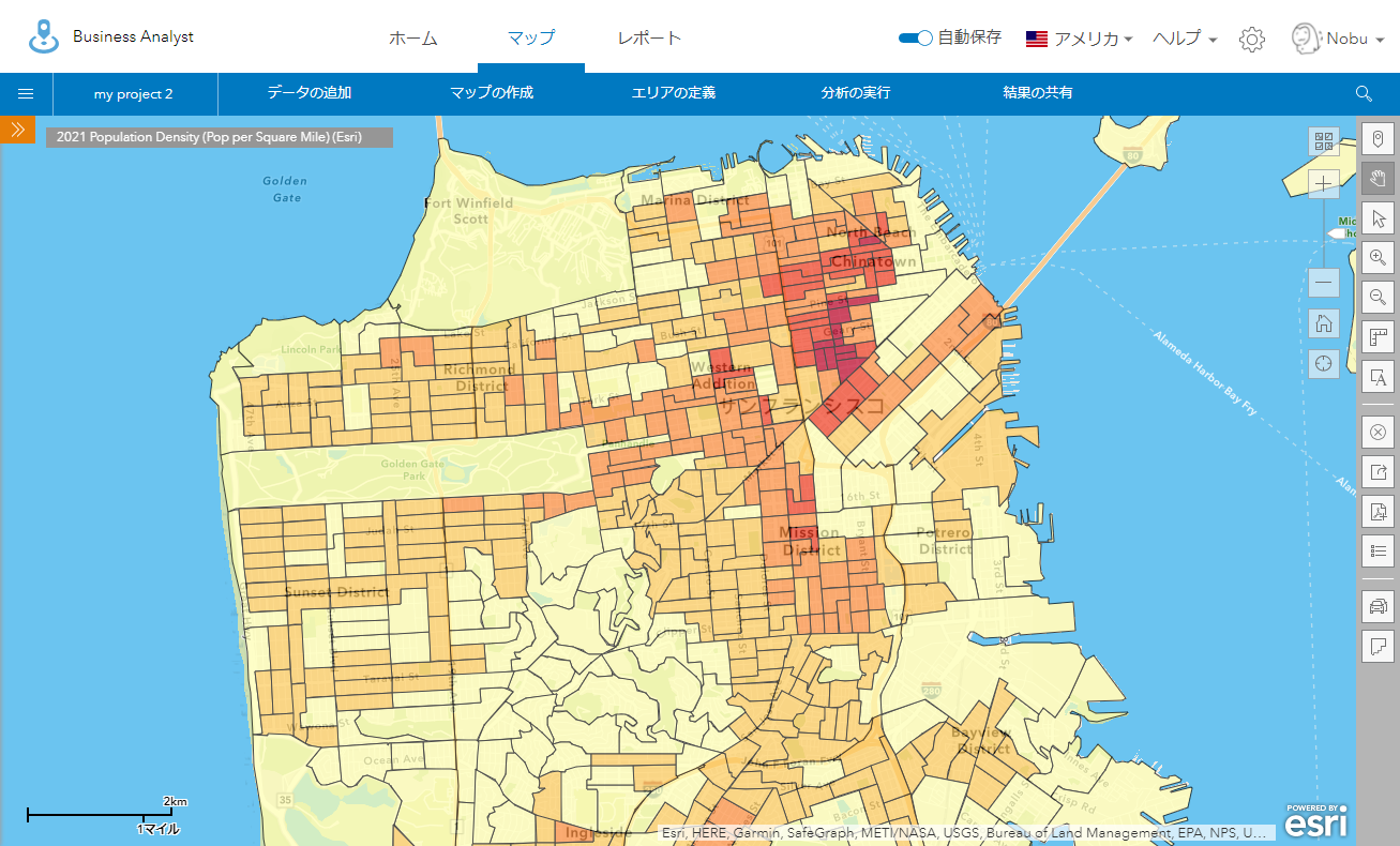 サンプランシスコ中心部の人口密度