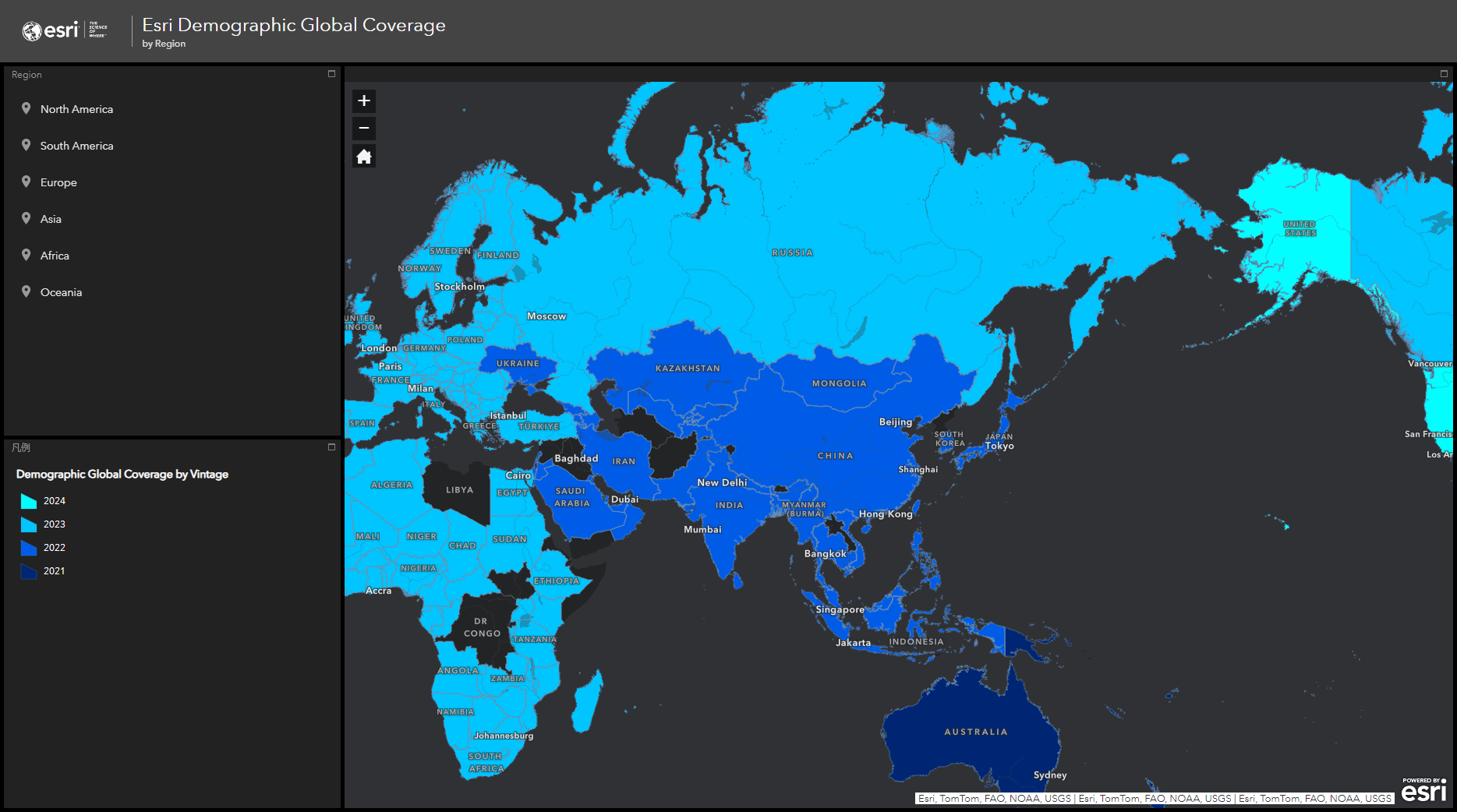 ArcGIS Business Analyst で使用できるデータがある国と地域