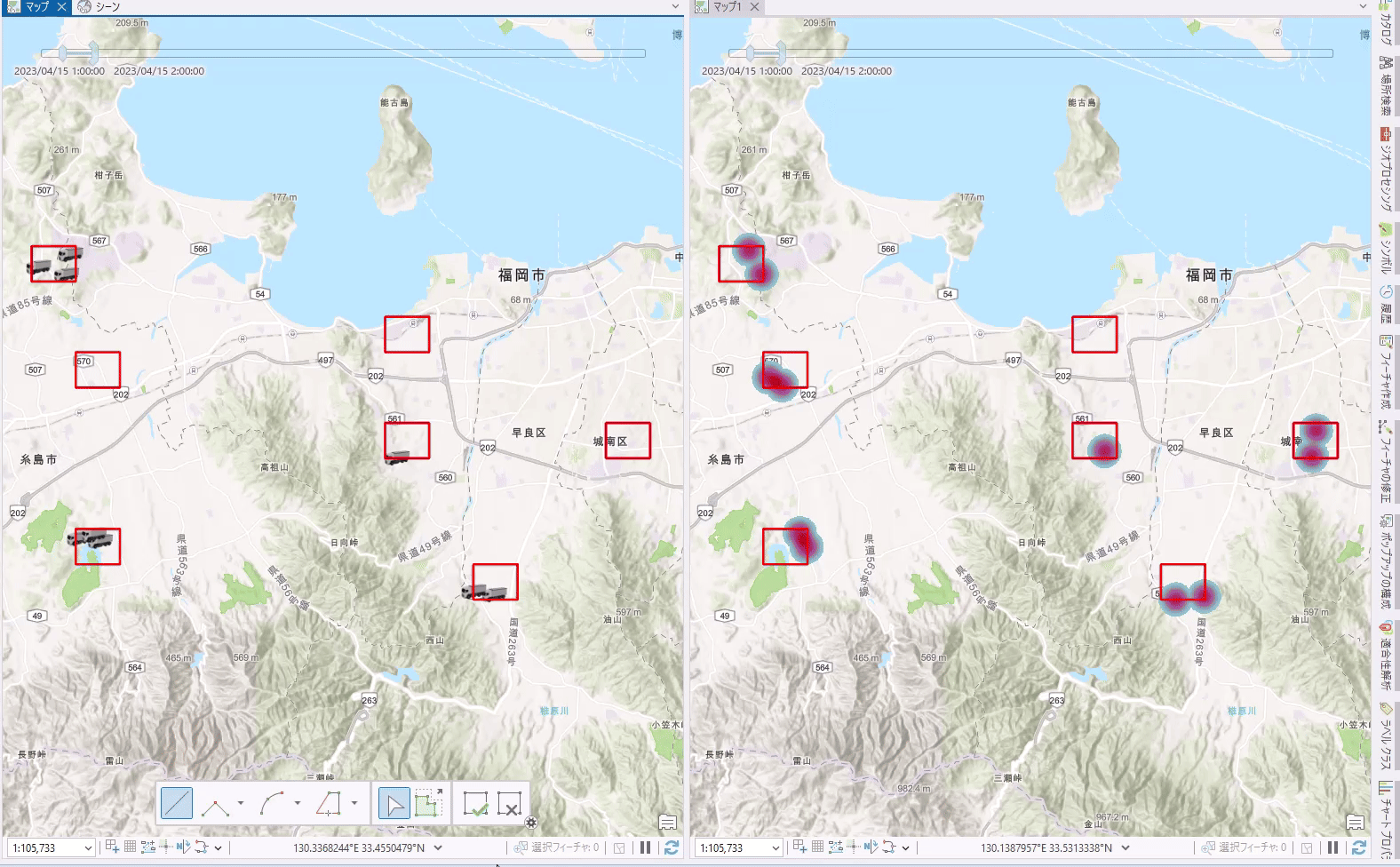 配送センター周辺（赤枠）で発生するトラックを時系列で表示したイメージ