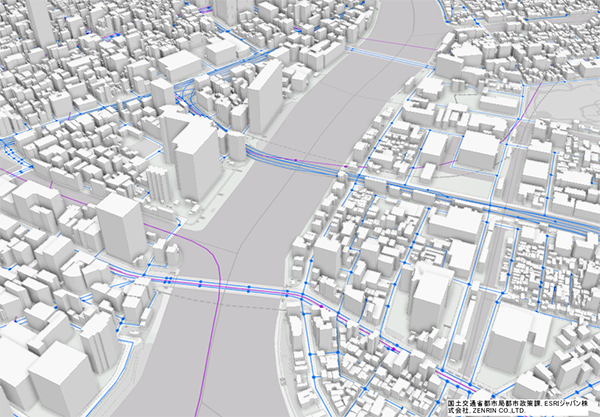 ArcGIS 上で Mobility based Network を重ね、3D 表示したもの